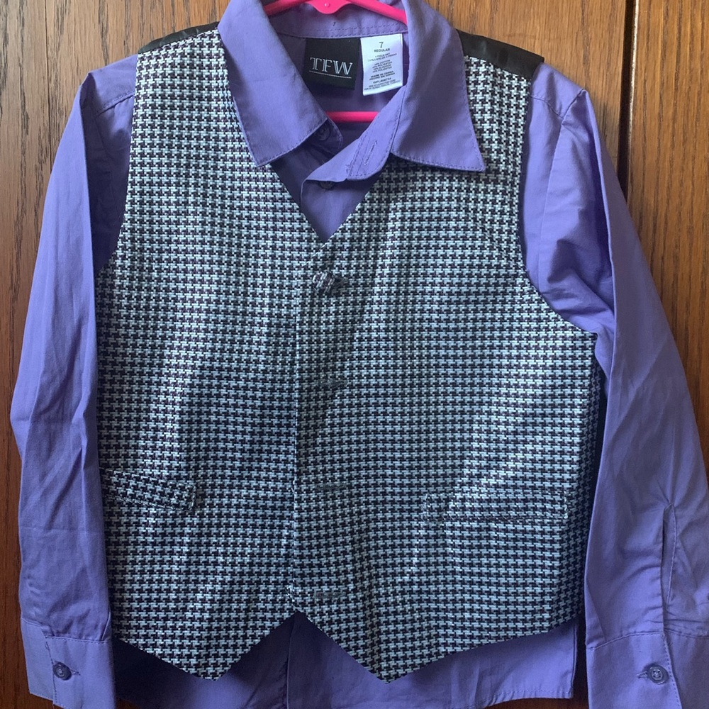 Boys’ Size 7, Purple button up shirt with silver/black/purple vest